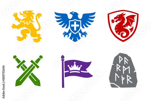 Set of colorful medieval heraldic icons featuring lion, eagle with shield, dragon crest, crossed swords, royal flag, and rune stone on white background