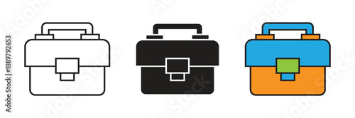 Professional tool box icons in line, solid, and color versions for equipment storage, maintenance services, and hardware workshop organizational concepts.