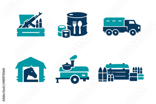 Military logistics and supplies icon set featuring weapons, medical aid, food rations, transport truck, horse shelter, field kitchen, and ammunition