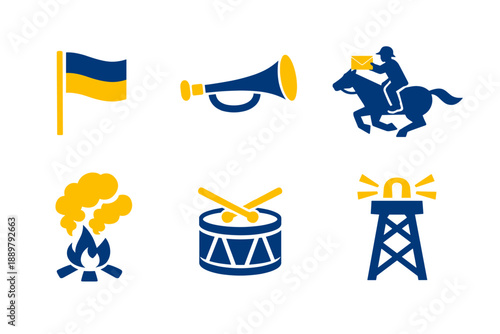 Minimal blue and yellow icon set featuring flag, trumpet, mounted messenger with envelope, campfire, snare drum, and oil derrick silhouette