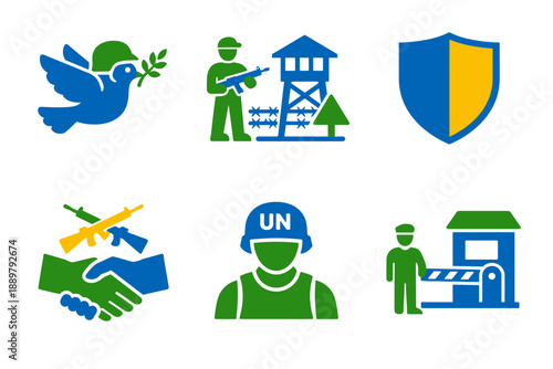 Vector icons illustrating peace and security concepts with dove, armed guard, watchtower, handshake, peacekeeper helmet, checkpoint booth, and shield