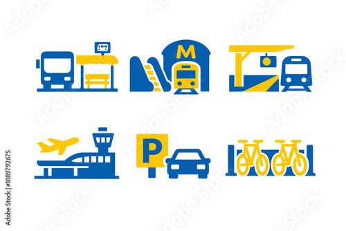 Flat vector icon set of public transportation modes and facilities, including bus, tram, metro station, train, airport terminal, parking, and bicycles