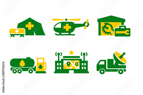 Set of green and yellow emergency service icons showing medical tent, ambulance, rescue helicopter, fuel tanker, military base gate, and radar truck