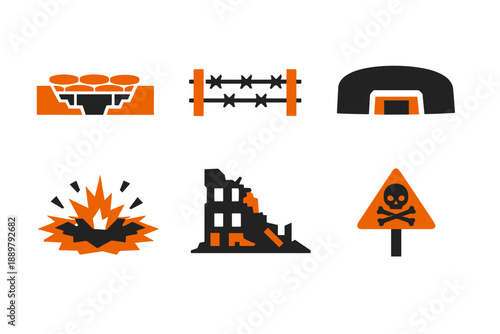 Set of orange and black hazard icons showing explosion blast, barbed wire barricade, tunnel opening, ruined building, and toxic warning sign