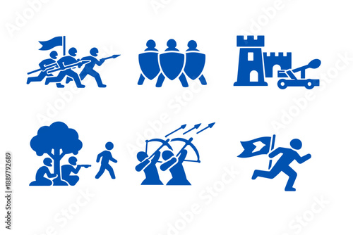Blue medieval warfare icons showing infantry charge, shield wall formation, castle siege with catapult, archers volley, ambush under tree, and runner with flag