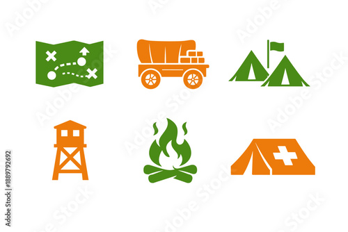 Set of camping and wilderness icons showing map navigation, covered wagon, tents, watchtower, campfire, and first aid shelter in flat style