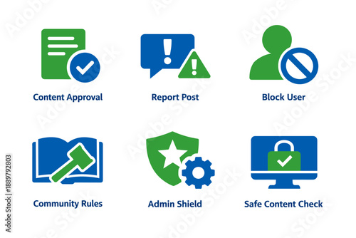 Set of social media moderation icons showing content approval, reporting posts, blocking users, community rules, admin shield protection, and safe content checks