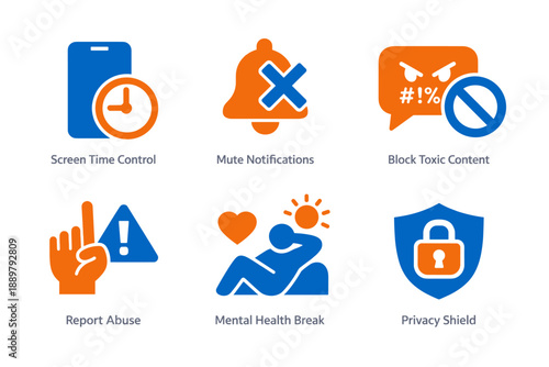 Digital safety and wellbeing infographic showing screen time control, mute notifications, block toxic content, report abuse, mental health break, and privacy shield icons