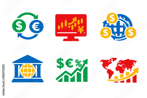 Set of colorful financial and economic icons showing currency exchange, market analytics, global trade growth, banking, and investment performance charts