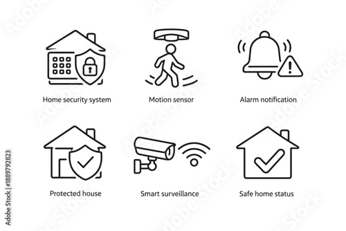 Line icon set illustrating home security system with motion sensor, alarm notification, protected house shield, surveillance camera, and safety status