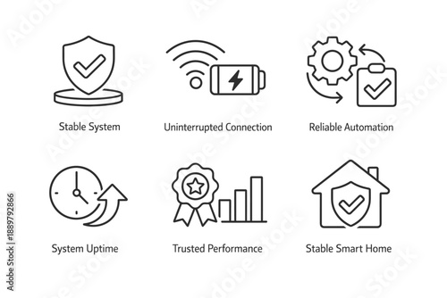 Minimal line icon set illustrating stable system, uninterrupted connection, reliable automation, system uptime, trusted performance, and smart home stability