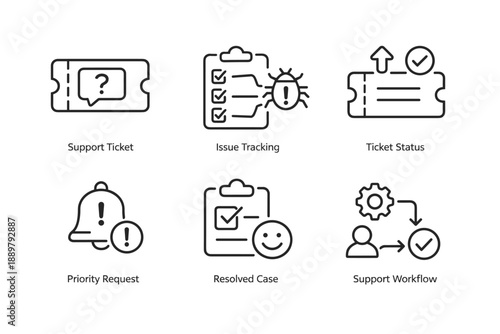 Customer support ticketing icon set featuring support ticket, issue tracking, ticket status, priority request, resolved case, and workflow symbols