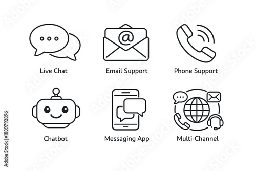 Customer support communication icons set featuring live chat, email, phone, chatbot, messaging app, and multichannel service symbols in outline style