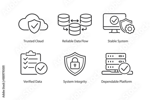 Minimal line icons illustrating trusted cloud security, reliable data flow, stable systems, verified data, system integrity, and dependable platform services
