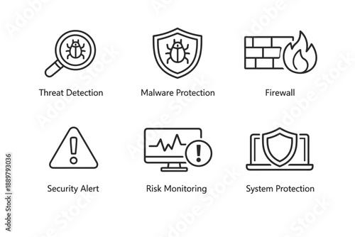 Set of cybersecurity line icons showing threat detection, malware protection, firewall, security alert, risk monitoring, and system protection concepts