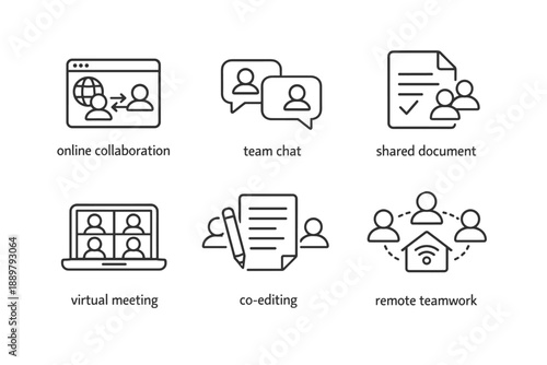 Minimal line icon set illustrating remote work concepts including online collaboration, team chat, shared documents, virtual meetings, and co-editing