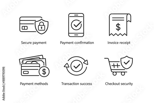 Minimal line icon set illustrating secure payment, payment confirmation, invoice receipt, payment methods, transaction success, and checkout security