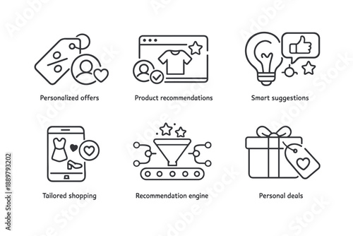 Minimal line icon set illustrating personalized offers, product recommendations, smart suggestions, tailored shopping, recommendation engine, and personal deals