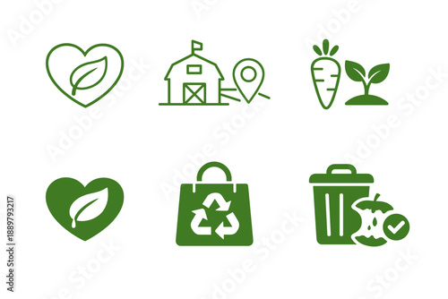 Green eco icon set featuring leaf hearts, farm location marker, carrot and sprout, recycling shopping bag, and compostable waste bin symbols