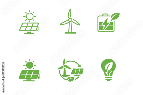 Glowing green eco energy concept icons showing solar panels, wind turbine, recycling, circular economy, and leaf lightbulb on a dark background