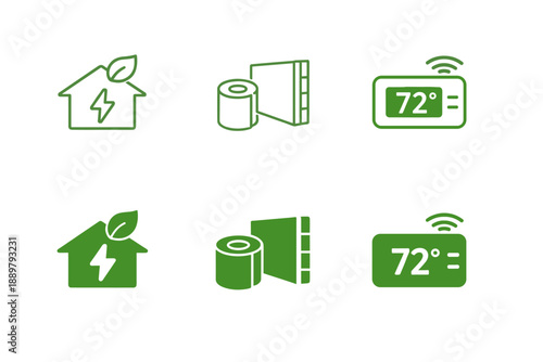 Green eco-friendly smart home icon set featuring energy-efficient house, insulation roll, and wireless thermostat temperature control symbols