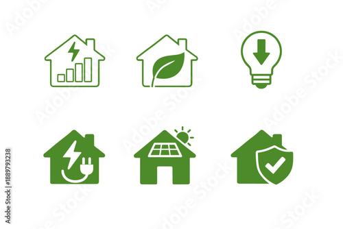 Set of green eco home icons showing energy savings, leaf sustainability, lightbulb efficiency, electric plug power, solar rooftop, and security shield