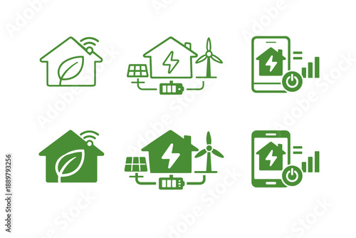 Green line icons of smart eco home with leaf symbol, renewable energy house with solar panels and wind turbine, and mobile monitoring dashboard