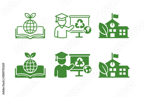 Green educational icons showing an open book with globe and leaves, a teacher presenting recycling symbols, and a school building with eco-friendly motifs
