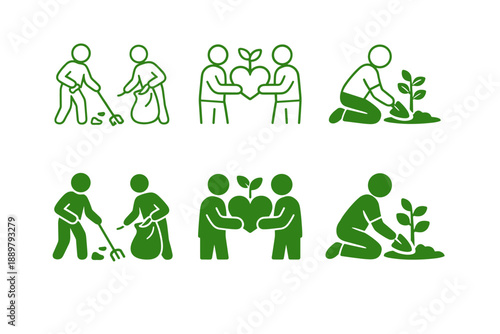Green gardening and community planting icons showing people digging soil, watering seedlings, sharing plants, and caring for sprouts in eco-friendly agriculture
