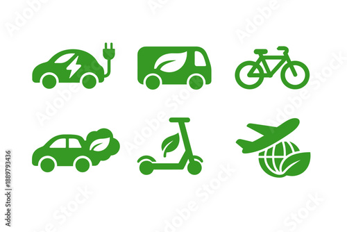 Green eco-friendly transportation icons set featuring electric car charging, hybrid vehicle, bicycle, scooter, and sustainable air travel symbol