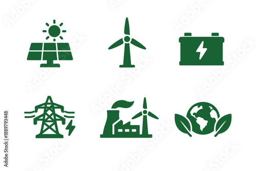 Green renewable energy icon set featuring solar panel, wind turbine, battery storage, power grid tower, eco factory and earth with leaves