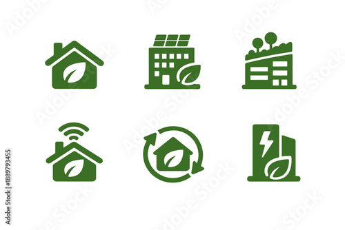 Green eco energy icon set featuring sustainable home, solar-powered building, smart house connectivity, circular recycling symbol, and electric power station