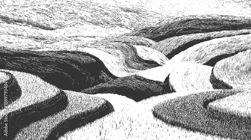 Abstract monochrome landscape with textured hills and winding paths