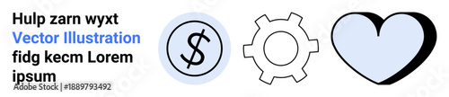 Dollar sign in circle, gear for work processes, heart for relationships and emotions. Ideal for finance, productivity, passion, innovation, teamwork, corporate identity simple landing page