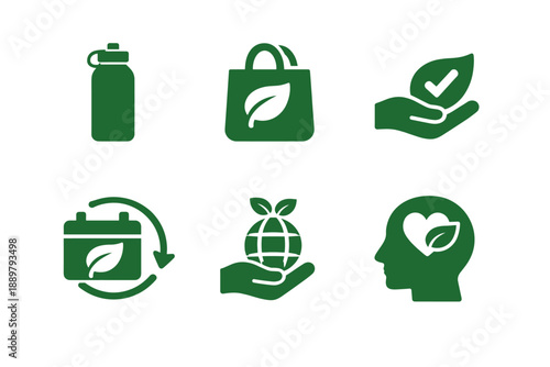 Green sustainability icons set featuring reusable bottle, eco bag, environmental care hand, recycling calendar, globe plant, and eco-conscious head silhouette