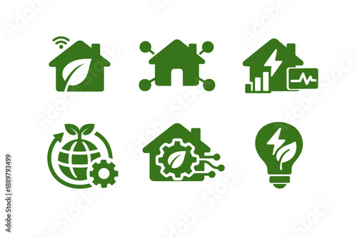Green eco home energy icons set featuring sustainable house, smart connectivity, renewable power analytics, global recycling, efficiency gear, and lightbulb