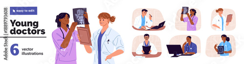 Set of young doctors. Medics look at X ray and MRI. Physicians in uniform work in clinic, hospital. Docs discuss, communicate. Medicine workers. Flat isolated vector illustration on white background