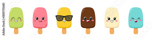 Ice cream popsicle, set colorful sweet summer dessert, cute and fun cartoon character, happy smiling face, big eyes, emotions joy delight, kawaii style, icon vector children's illustration.