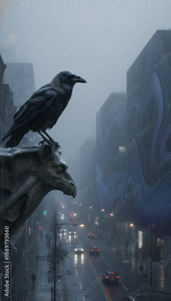 Fototapeta premium Mysterious Raven on Gargoyle in Rainy Cityscape. Concept featuring raven, gargoyle, rain, urban, cityscape.