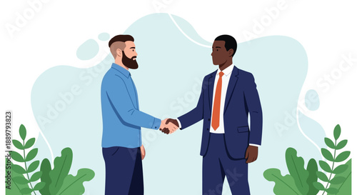 Two men in business attire shake hands, conveying professionalism and cooperation. The background features abstract shapes and green plants, adding a calm tone.