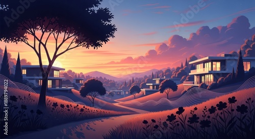 Serene Sunset Over Modern Homes. Concept featuring sunset, landscape, modern homes, nature, scenery.