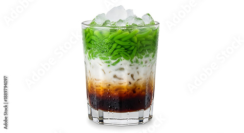 Es cendol in clear glass showing layers clearly, side view with condensation detail, isolated on white background