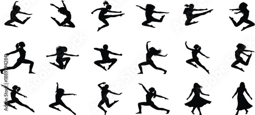 Jumping people silhouettes, running and dancing poses, men and women, vector icons, black, isolated, action, movement, fitness, sport, collection, set, illustrationJumping people silhouettes