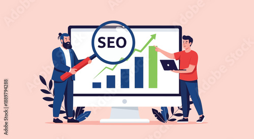 Illustration of two men next to a computer screen displaying a bar graph with an upward trend. The word "SEO" is in a magnifying glass.