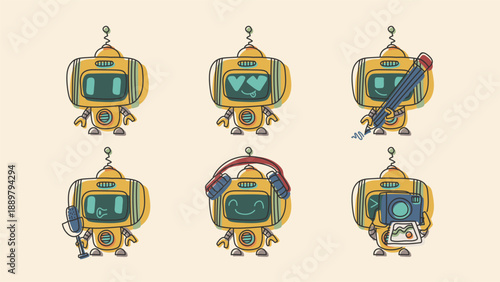 Stickers and doodles robot character. Ai robotic avatar retro style illustration