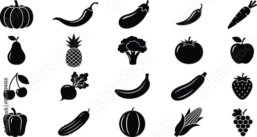 Fruit and vegetable silhouettes, food icons, healthy produce, black vector set, isolated on white background, organic, vegan, nutrition, illustration, collection