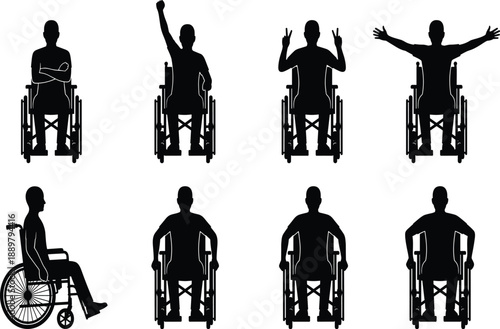 Wheelchair, user, silhouettes, disabled, people, vector, icons, black, isolated, disability, accessibility, healthcare, rehabilitation, inclusion, illustration, collection, set, graphic, design