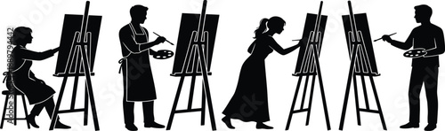 Artists, painting, on, canvas, silhouettes, people, easel, art, studio, vector, icons, black, isolated, creative, illustration, collection, set, design, education, hobbyArtists, painting, on, canvas