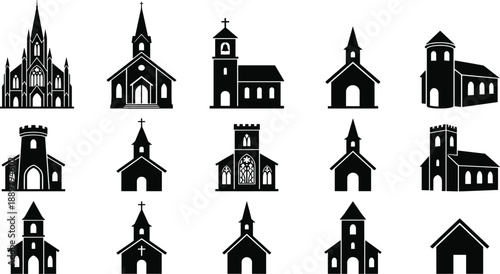 Church silhouettes, cathedral icons, religious buildings, black vector set, isolated, gothic architecture, christian temples, chapel collection, landmark, illustration, graphic