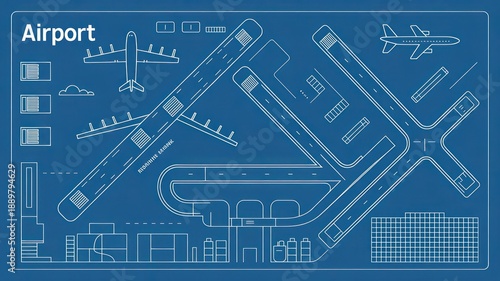 Blueprint diagram illustrates an aerial view of an operational airport layout featuring runways, taxiways, and aircraft placements on a blue background.